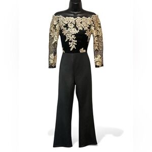 Black  Gold Lace Formal Jumpsuit Off Shoulder Long Sleeve Sz  Small